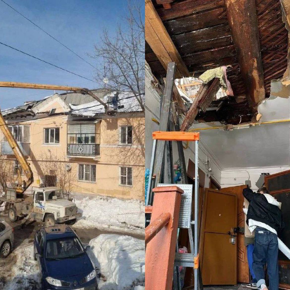 Крыша жилого дома в Перми рухнула под тяжестью многотонного слоя снега