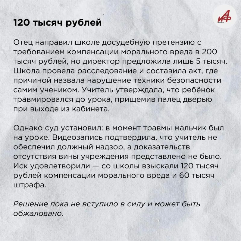 Частная школа в Перми выплатит 120 тысяч рублей компенсации морального вреда и 60 тысяч штрафа за травму пальца, которую ученик получил на уроке Частная школа в Перми выплатит 120 тысяч рублей компенсации морального вреда и 60 тысяч штрафа за травму пальца, которую ученик получил на уроке
